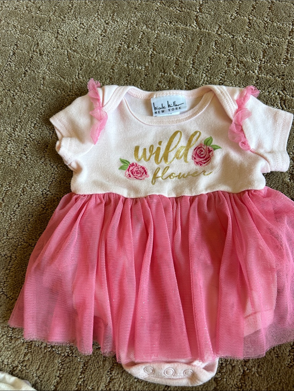 Nicole Miller Pink and Cream 'Wild Flower' Tulle Baby Dress Onesie